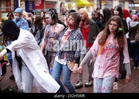 MOSCOW - MAY 14: Unidentified bloodstained female participants of Zombie Parade on Old Arbat, May 14, 2011, Moscow, Russia. Stock Photo