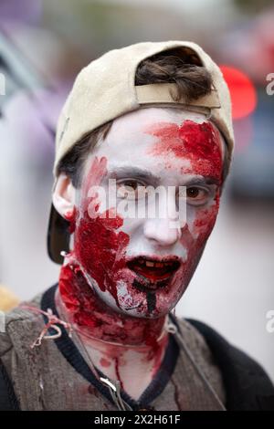 MOSCOW - MAY 14: Unidentified made-up participant of Zombie Walk on Old Arbat in the baseball cap, wearing backwards, close-up, May 14, 2011, Moscow, Stock Photo