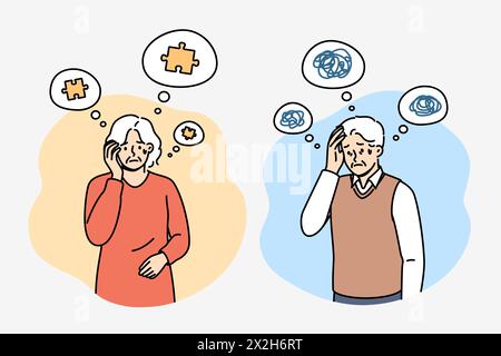 Problem of alzheimer and dementia in older people who experience memory loss or chaos in heads. Old men and women need care due to alzheimer disease caused by age-related diseases. Stock Vector