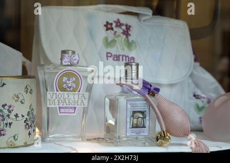 Traditional Violetta di Parma products in a shop window Stock Photo