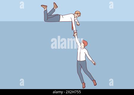 Business man extends helping hand to colleague who is falling into abyss, showing support in difficult situation. Support from corporate partner for human in trouble and at risk of bankruptcy Stock Vector