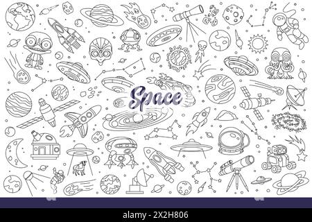 Space crafts and rockets roaming galaxy in search of aliens from different planets. Spaceships explore space and universe with stars, traveling in orbit on exploration mission. Hand drawn doodle Stock Vector