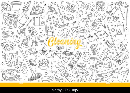 Apartment cleaning equipment and chemicals for washing or stain removal. Brushes and mops near robot vacuum cleaner for maid or housewife doing cleaning in house or hotel room. Hand drawn doodle Stock Vector