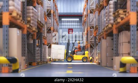 Retail warehouse full of shelves with cardboard boxes and packages. Logistics, storage, and delivery industrial background. 3d illustration Stock Photo