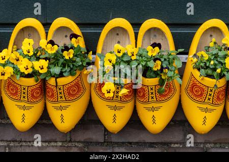 traditionally decorated yellow clogs, Zaanse Schans, Zaanstad Municipality, European Route of Industrial Heritage, Netherlands Stock Photo