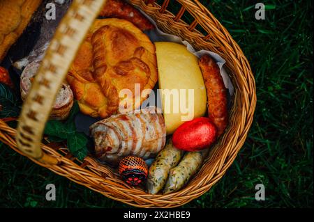 Traditional Hungarian easter basket in the grass Stock Photo