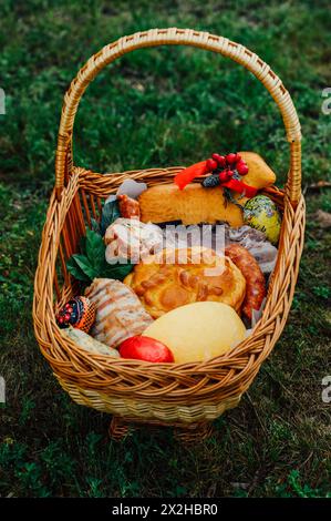 Traditional Hungarian easter basket in the grass Stock Photo