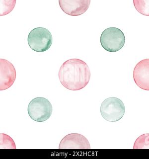 Pink, green polka dots. Circles in soft pastel colors. Seamless pattern. Creative minimalist style. Splashes, round doodle spots. Stock Photo