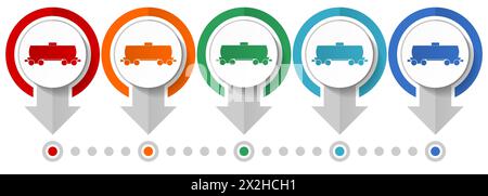 Fuel cistern wagon, train vector icon set, flat design infographic template, set pointer concept icons in 5 color options for webdesign and mobile app Stock Vector
