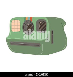 Vintage camera device Polaroid. Green photography camera. Hand drawn trendy flat style on white background vector illustration  Stock Vector