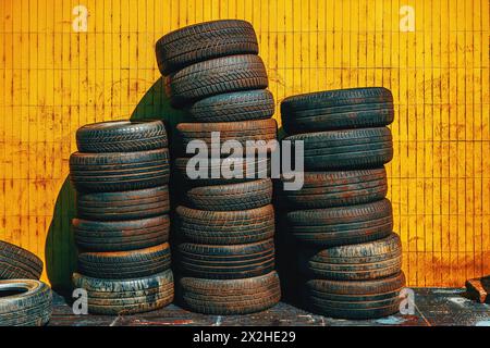 Stack of old used car tires in front of the workshop against yellow wall Stock Photo