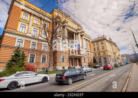15 March 2024, Sarajevo, Bosnia and Herzegovina: Law School at the University of Sarajevo, situated along the picturesque Miljacka River embankment. Stock Photo