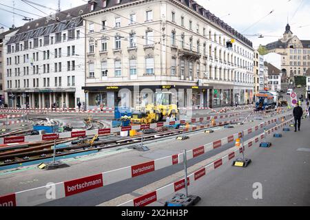Basel, Switzerland - April 18, 2024: Public transport tram track system renovation work in the city centre Stock Photo