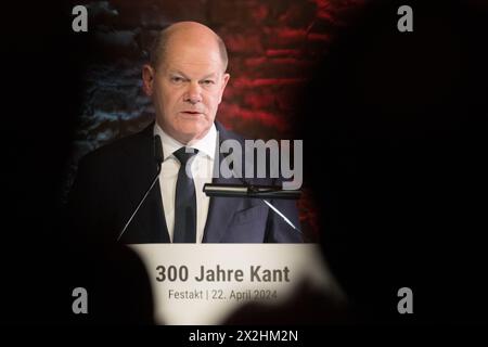 Berlin, Germany. 22nd Apr, 2024. Federal Chancellor Olaf Scholz (SPD) speaks during a ceremony to mark the 300th birthday of the philosopher Kant. Credit: Sebastian Christoph Gollnow/dpa/Alamy Live News Stock Photo