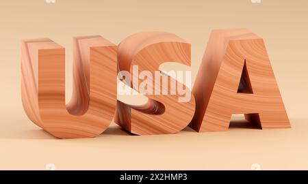 Luxury wooden inscription usa on grey podium, soft light, front view smooth background, 3d rendering Stock Photo