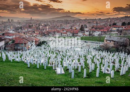 15 March 2024, Sarajevo, Bosnia and Herzegovina: muslim tombstones in the graveyard near mosque Stock Photo