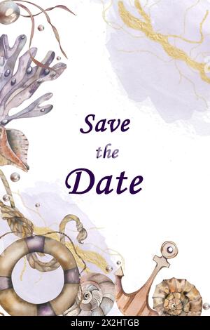Marine-themed Wedding Invitation card. Seashells, Seaweed, Lifebuoy, Ropes. Watercolor illustration. in Lilac colors. for design invitations, postcard Stock Photo