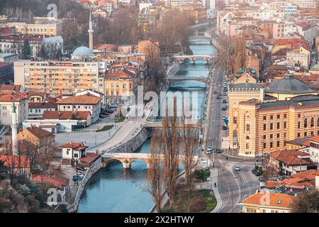 Sarajevo's enchanting cityscape, nestled amidst rolling hills, captures the essence of Bosnia's historic capital. Stock Photo