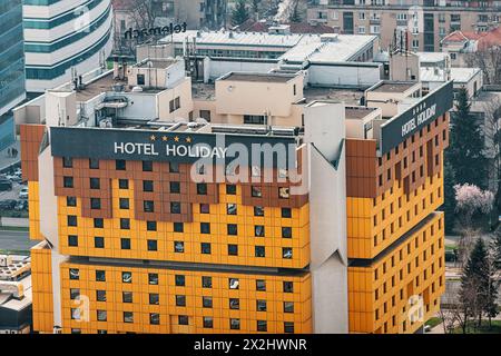 15 March 2024, Sarajevo, Bosnia and Herzegovina: Holiday hotel closeup aerial view Stock Photo