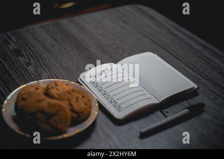 Notepad with a list of plans and a plate of cookies. High quality photo Stock Photo