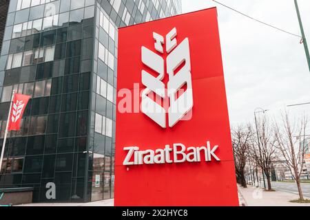 15 March 2024, Sarajevo, Bosnia and Herzegovina: Turkish Ziraat bank logotype at city street Stock Photo