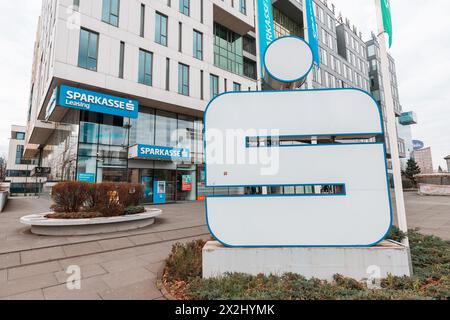 15 March 2024, Sarajevo, Bosnia and Herzegovina: German Sparkasse bank logotype at city street Stock Photo