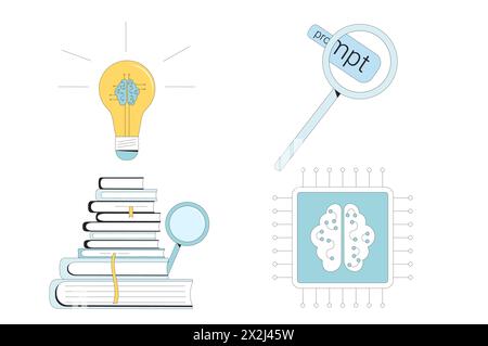 Artificial general intelligence research and prompt engineering set. Vector flat illustration Stock Vector