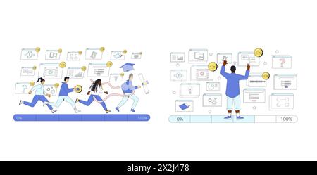 Gamification education concepts set. Online learning multimedia. Vector flat outline illustration collection isolated on white background. Stock Vector
