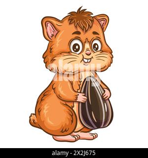 Cute hamster pet animal hold sunflower seed icon. Funny little mouse cartoon character eating sun flower plant grain food. Fluffy fat rodent vector Stock Vector