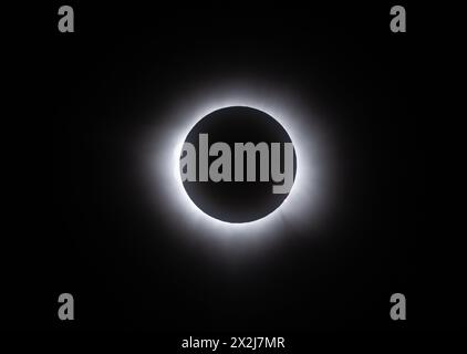 Total eclipse of the Sun, 2024; Solar eclipse 2024,  Torreon, Northern Mexico. Totality, showing the solar corona and solar flares Stock Photo