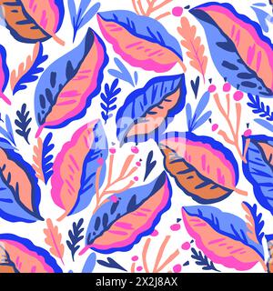 Colorful doodle botanical pattern. Vector print with hand-drawn simple plant elements Stock Vector