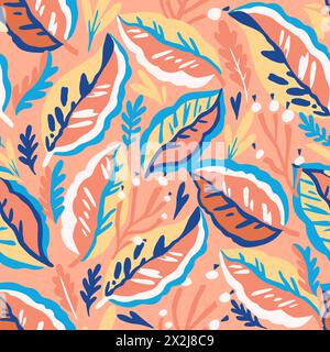 Colorful doodle botanical pattern. Vector print with hand-drawn simple plant elements Stock Vector