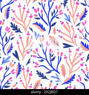 Colorful doodle botanical pattern. Vector print with hand-drawn simple plant elements Stock Vector