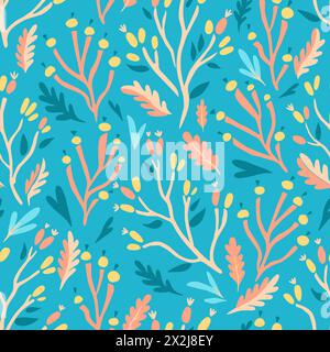 Colorful doodle botanical pattern. Vector print with hand-drawn simple plant elements Stock Vector