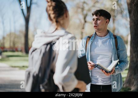 College friends discussing notes in a sunny park setting Stock Photo