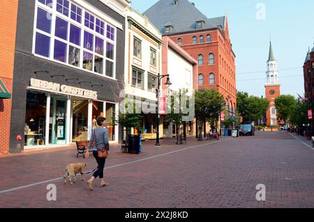 A young woman takes her dog for a walk in the Church Street Mall in Burlington Vermont on a summer day Stock Photo