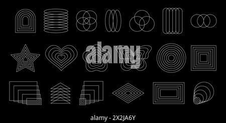 Set of abstract geometric y2k shapes. Repeating white star, butterfly, heart, circle, square, flower symbols in aesthetic postmodern style isolated on black background. Vector graphic illustration. Stock Vector