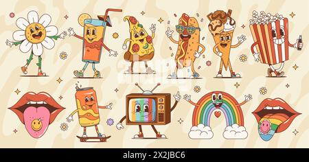 Cartoon retro groovy characters vector set. Daisy flower, cocktail glass, pizza slice or hot dog. Ice cream, pop corn, mouth with tongue with drug sticker and soda can on skateboard. Old tv or rainbow Stock Vector