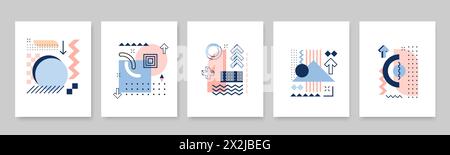 Abstract geometric Memphis posters. Vector modern, vibrant card templates with pastel colors, simple shapes and patterns in style of 1980s art design movement, exude a playful and eclectic aesthetic Stock Vector