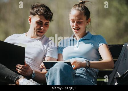 Students enjoying outdoor study session in park, sharing ideas and solving homework together Stock Photo