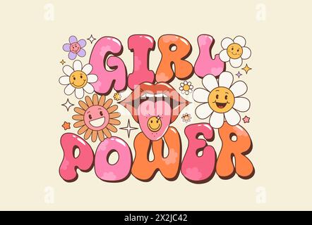 Groovy girl power quote or typography in hippie style features vibrant, flowing font adorned with flowers and mouth with psychedelic drugk sticker on tongue. Vector free-spirited phrase in style 1960s Stock Vector
