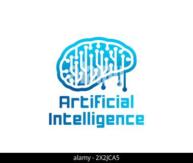 AI Artificial Intelligence icon with computer machine brain with circuit board, vector emblem. Futuristic AI technology sign of digital brain for Artificial Intelligence or mind machine technology Stock Vector