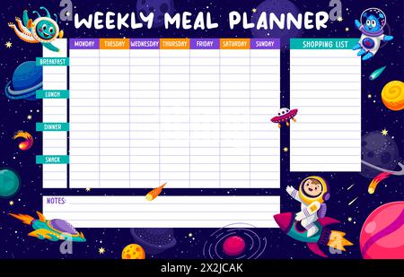 Space weekly meal planner with cartoon galaxy characters and planets ...