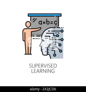 Supervised AI machine learning, artificial intelligence algorithm line color icon. Machine learning technology, artificial intelligence innovation outline vector sign with AI doing calculations Stock Vector