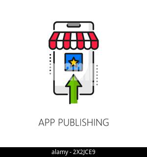 Cellphone application develop and publishing, mobile software coding, web app optimization linear icon. Online service or mobile phone soft development line vector icon with cellphone and store canopy Stock Vector