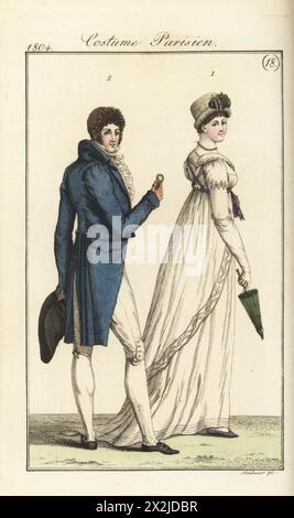 Woman in beaded straw hat, dolman dress and pearl necklace 1 (Pl. 544), and dandy in semi-formal wear, French bicorne, frock coat, frilled jabot, worsted breeches 2 (Pl. 545 in the Paris edition). Chapeau de paille cousue a bourelet, costume demi-habille. Handcoloured copperplate engraving by Friedrich Ludwig Neubauer after Illustrations by Carle Vernet from Pierre de la Messengere’s Journal des Dames et des Modes, Francfort sur le Mein (Frankfurt) 1804. Stock Photo