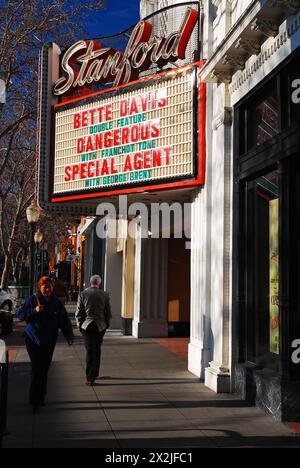 A movie theater in Palo Alto, California features classic Hollywood films as advertised on the marquee Stock Photo