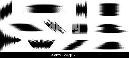Halftone glitched element set. Dotted textured geometric form collection. Grunge abstract halftone shapes for background, banner, poster, collage, overlay, label, tag. Distressed distorted vector pack Stock Vector
