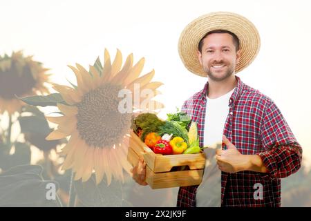 Double exposure of happy farmer and sunflower field. Space for text Stock Photo