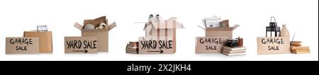 Collage of unwanted stuff for garage sale on white background Stock Photo